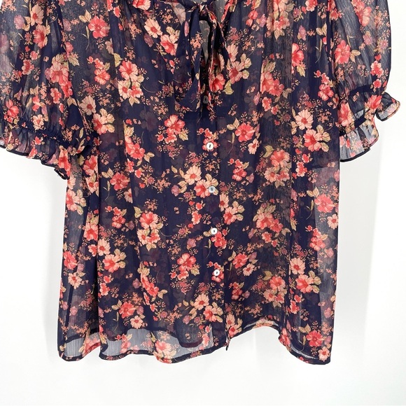 Anthropologie Everleigh Floral Tie Neck Ruffle Short Sleeve Button Blouse Top - Picture 3 of 6